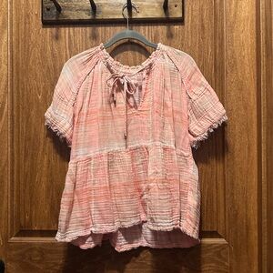 Anthropologie Coral-Peach Gauzy Tie-Neck Peasant Blouse